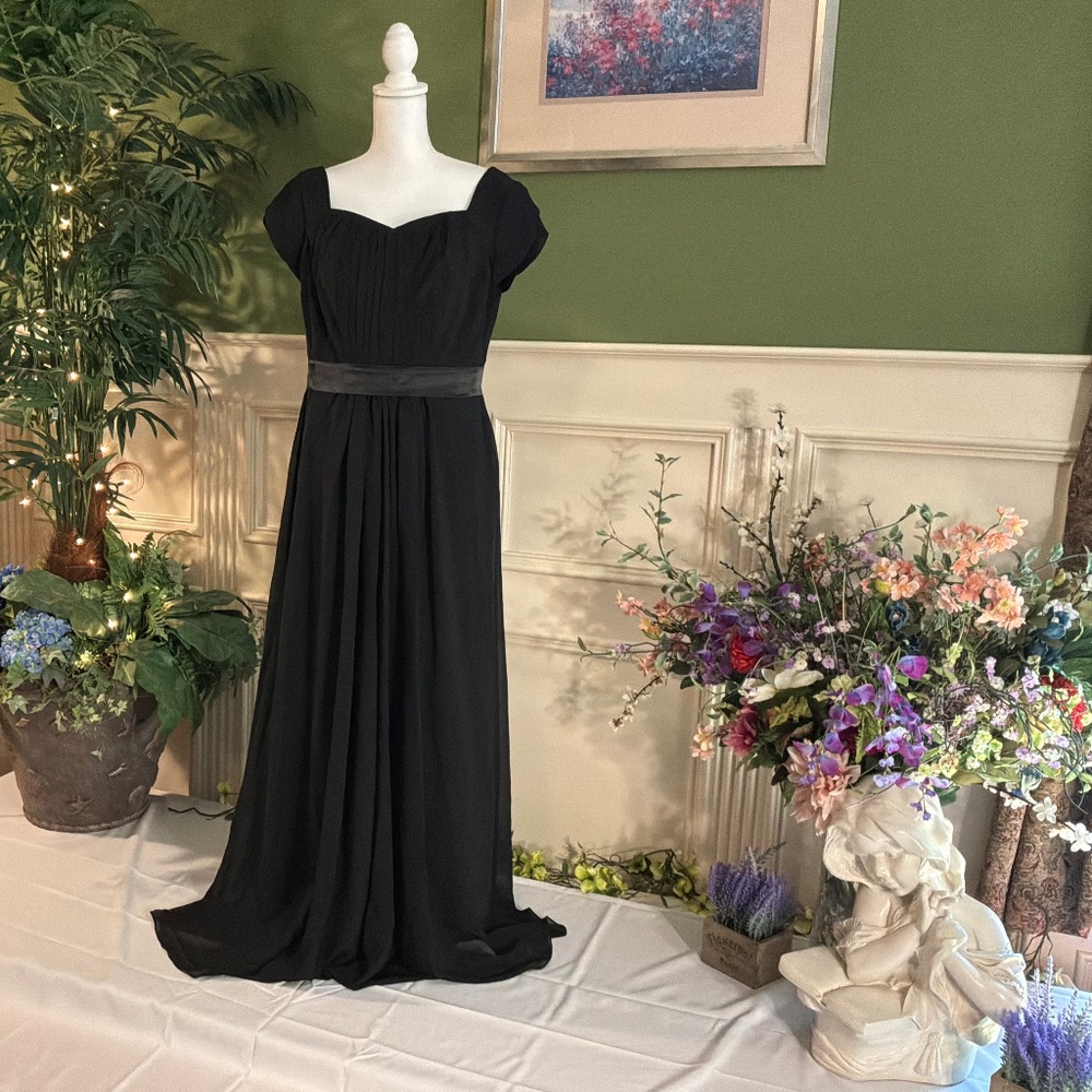 Formal long Black bridesmaid dress cap sleeves